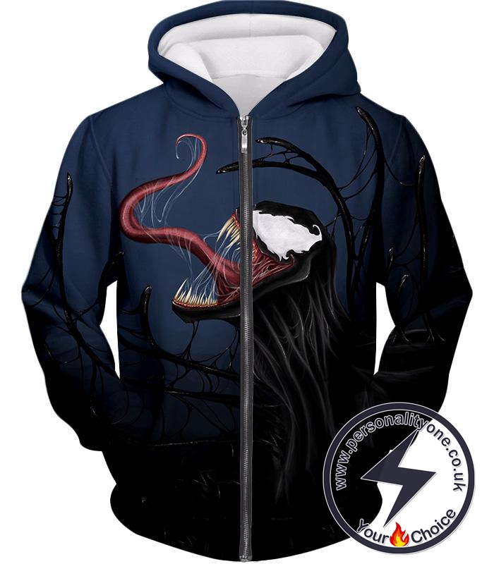 Cool Marvel Villain Venom Printed Black Zip Up Hoodie